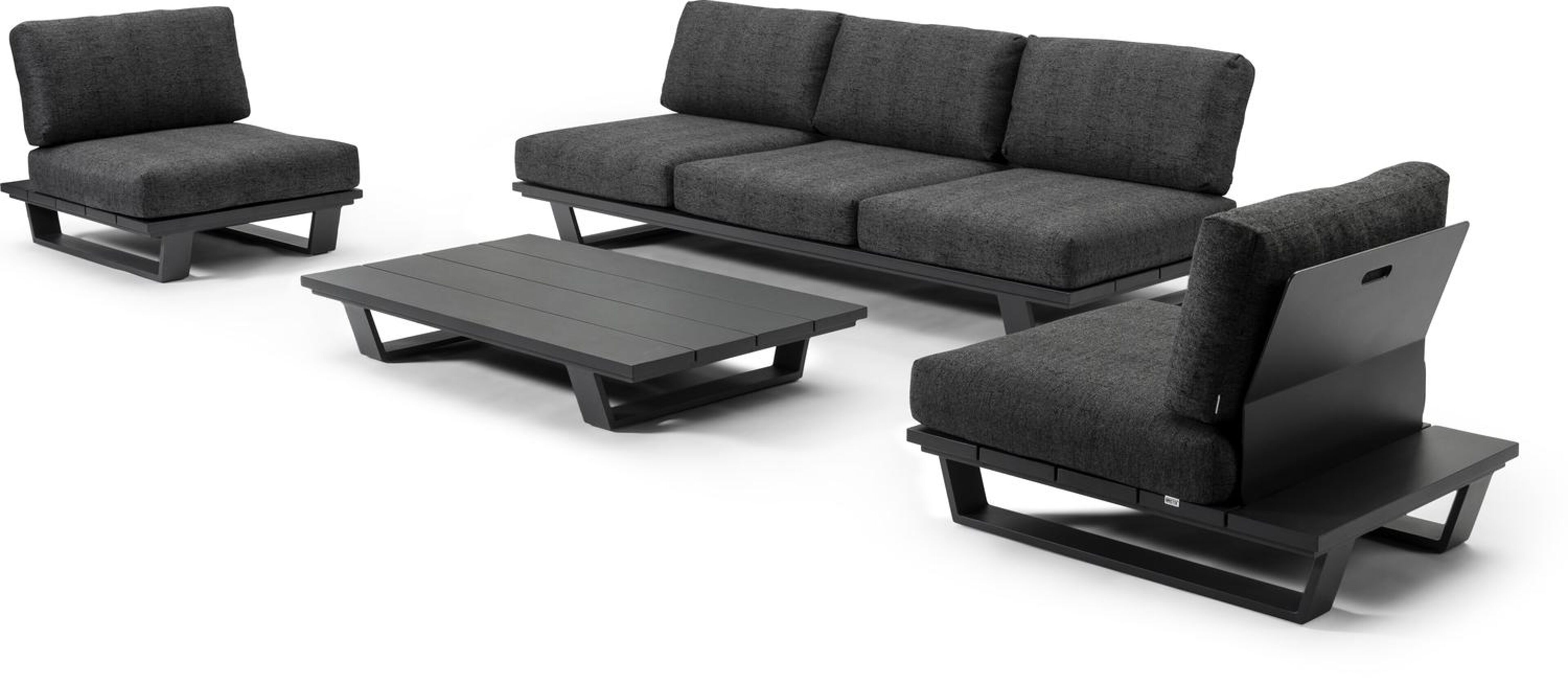 Pagino loungeset in zwart aluminium met chartres sooty Sunbrella luxe kussens 