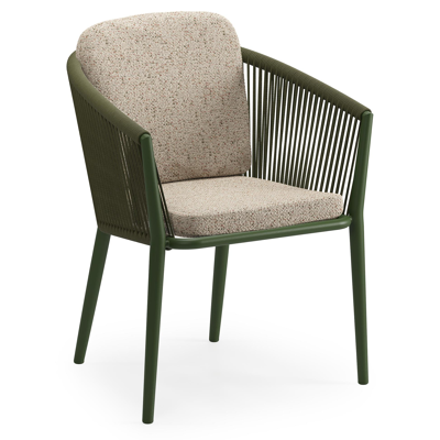 Orso tuinstoel in groen aluminium en groen verticaal geweven ronde rope met luxe zitkussen in All Weather Cosytica Bora Jungle