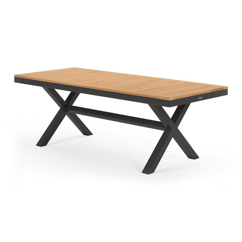 Reza tuinset in zwart aluminium en naturel teak tafelblad met 6 stapelbare Calobra tuinstoelen