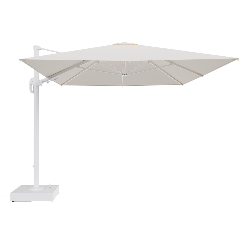 Rufina zweefparasol met tiltfunctie in wit aluminium en Natte Linen Chalk All Weather Sunbrella® Luxe parasoldoek - L1 400 x L2 300 cm met parasolvoet Minore 150 kg met wielen