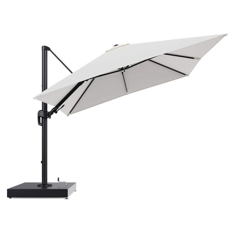 Rufina zweefparasol met tiltfunctie in zwart aluminium en Natte White All Weather Sunbrella® Luxe parasoldoek - L1 300 x L2 300 cm met parasolvoet Minore 260 kg met wielen