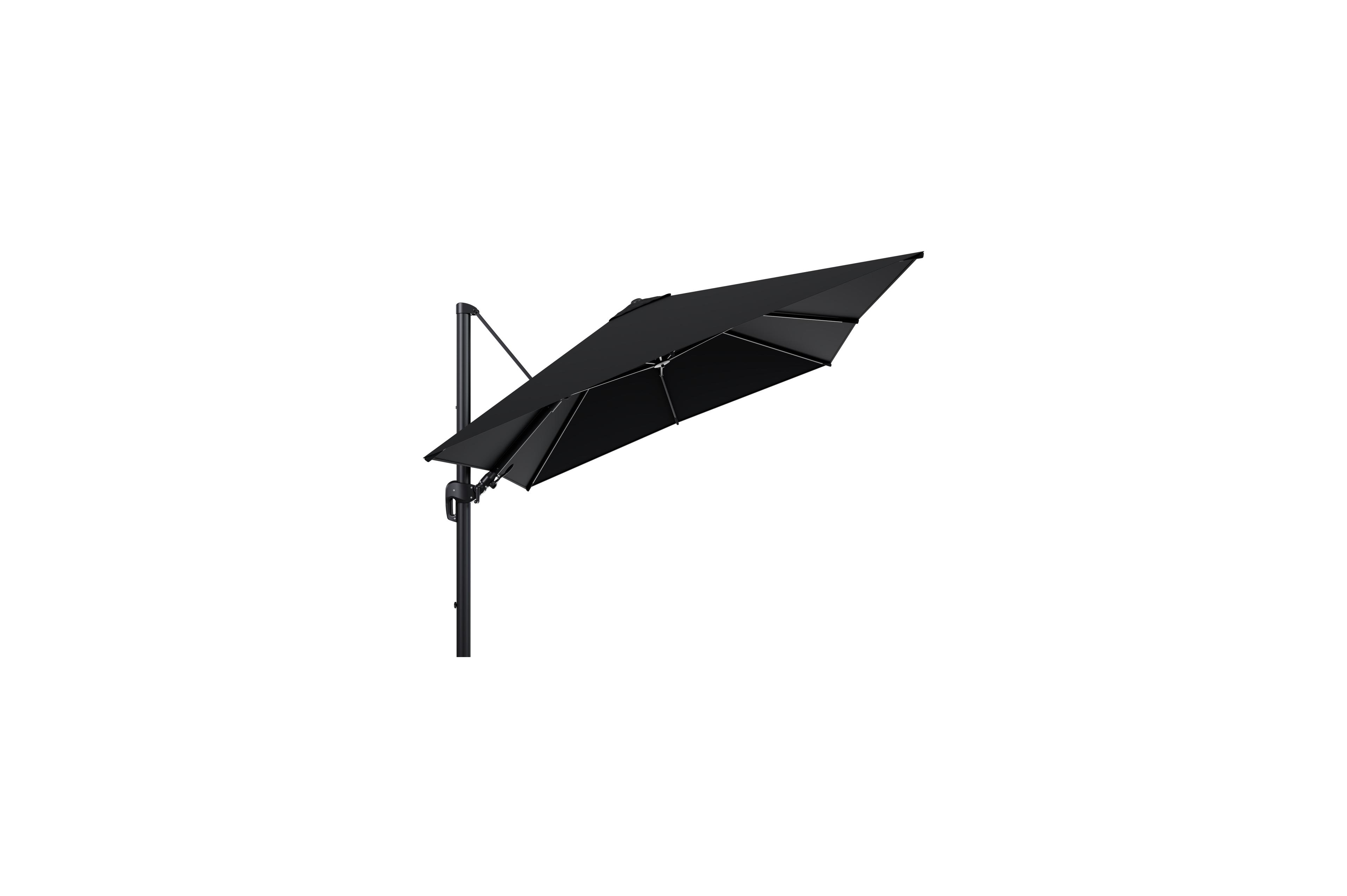 Rufina zweefparasol met tiltfunctie in zwart aluminium met zwart sunbrella® premium parasoldoek - L1 300 x L2 300 cm (zonder voet)