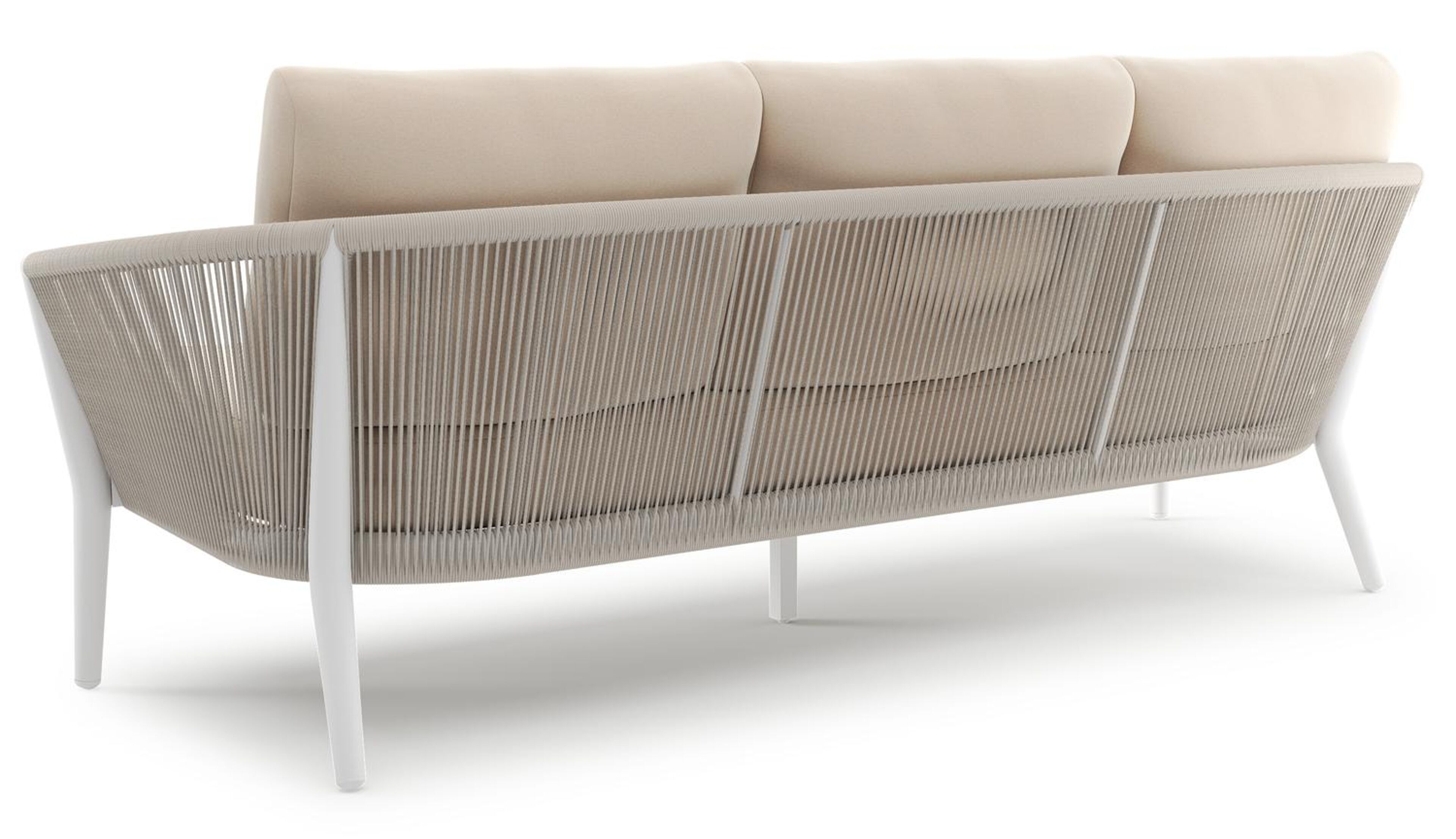 Orso loungebank 3-zit in wit aluminium en beige verticaal geweven ronde rope met natte linen chalk all weather sunbrella® luxe kussen