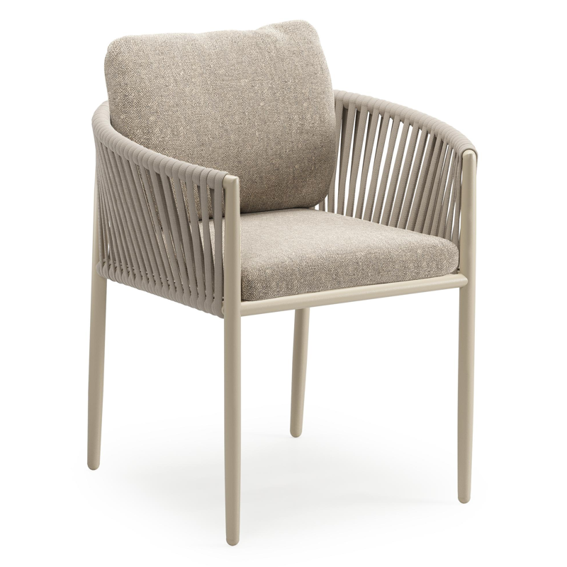 Chaise de jardin Organo en aluminium beige et corde luxe plate beige tissée verticalement avec coussin en All Weather Sunbrella® Luxe Chartres Pewter