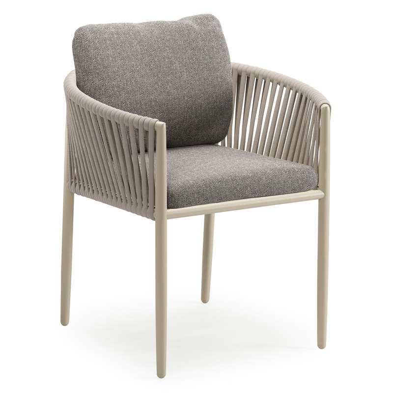Chaise de jardin Organo en aluminium beige et corde luxe plate tissée verticalement beige avec coussin en All Weather Sunbrella® Luxe Chartres Drizzle