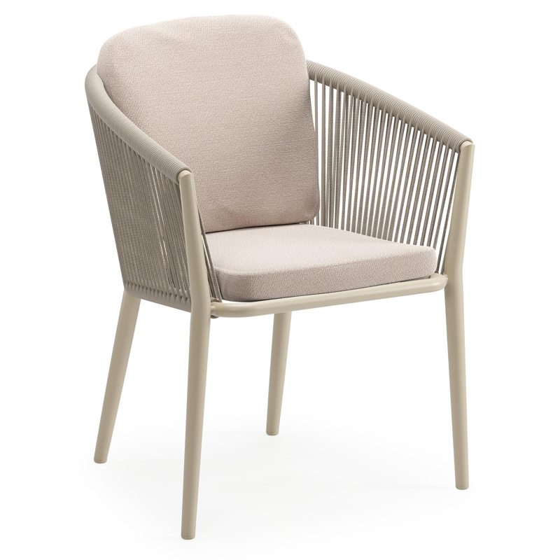 Orso tuinstoel in beige aluminium en beige verticaal geweven ronde rope met luxe zitkussen in All Weather Sunbrella® Luxe Wander Pilat