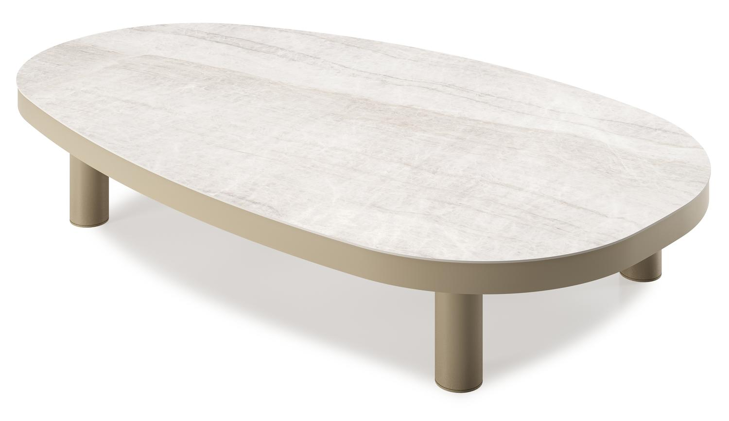 Table de basse Donato organique en aluminium beige et céramique pleine Taj Mahal - Lg. 150.5 x Lrg. 90 x Haut. 24.5 cm