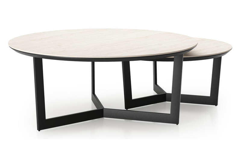 Ensemble de 2 tables d'appoint Lacrima ronde en noir aluminium et céramique pleine Travertino Bianco - Diam. 85 x Haut. 35 cm