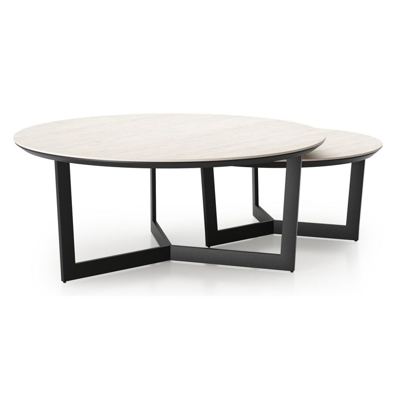Ensemble de 2 tables d'appoint Lacrima ronde en noir aluminium et céramique pleine Travertino Bianco - Diam. 85 x Haut. 35 cm