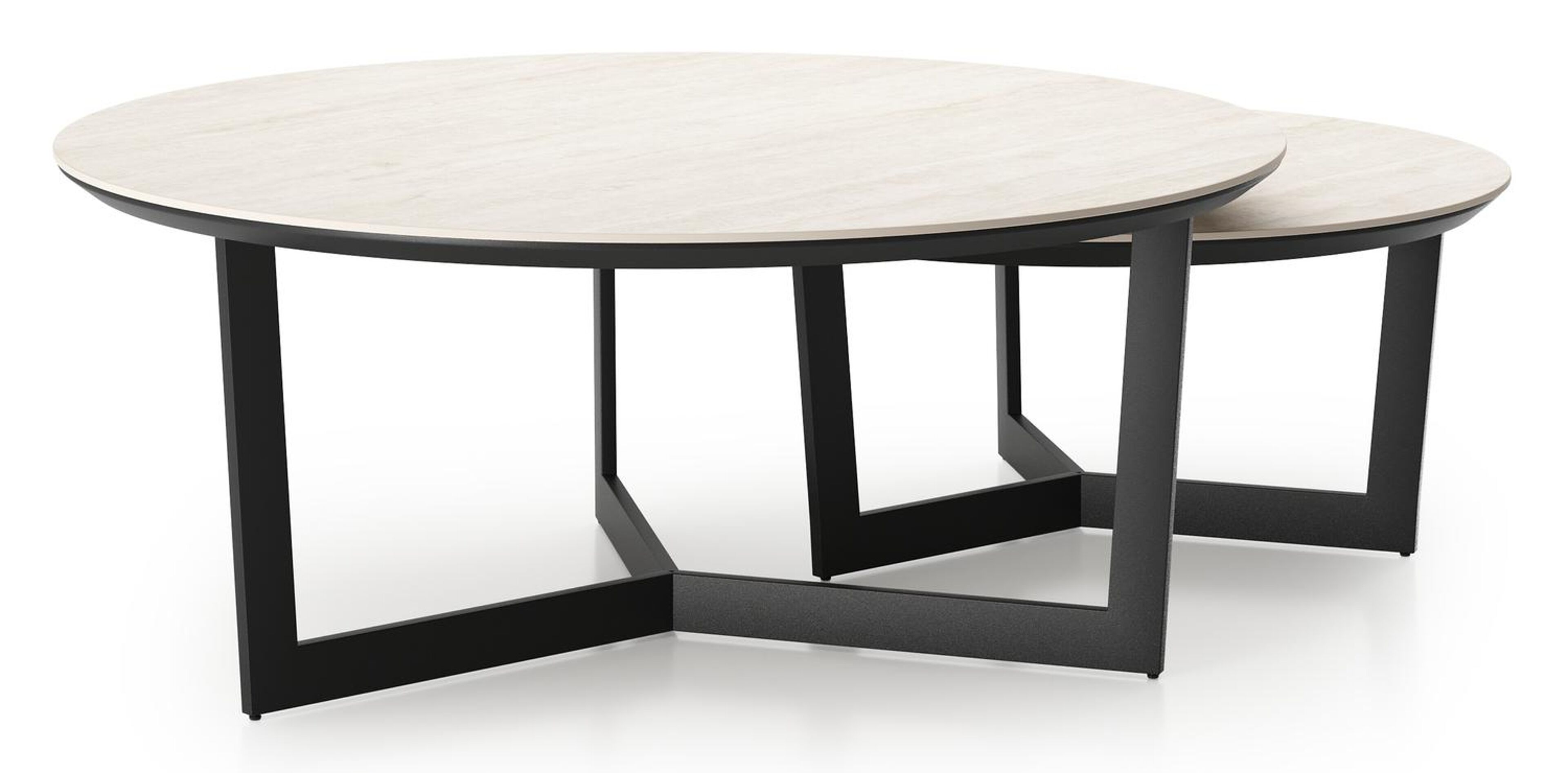 Ensemble de 2 tables d'appoint Lacrima ronde en noir aluminium et céramique pleine Travertino Bianco - Diam. 85 x Haut. 35 cm