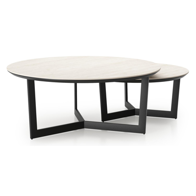 Ensemble de 2 tables d'appoint Lacrima ronde en noir aluminium et céramique pleine Travertino Bianco - Diam. 85 x Haut. 35 cm