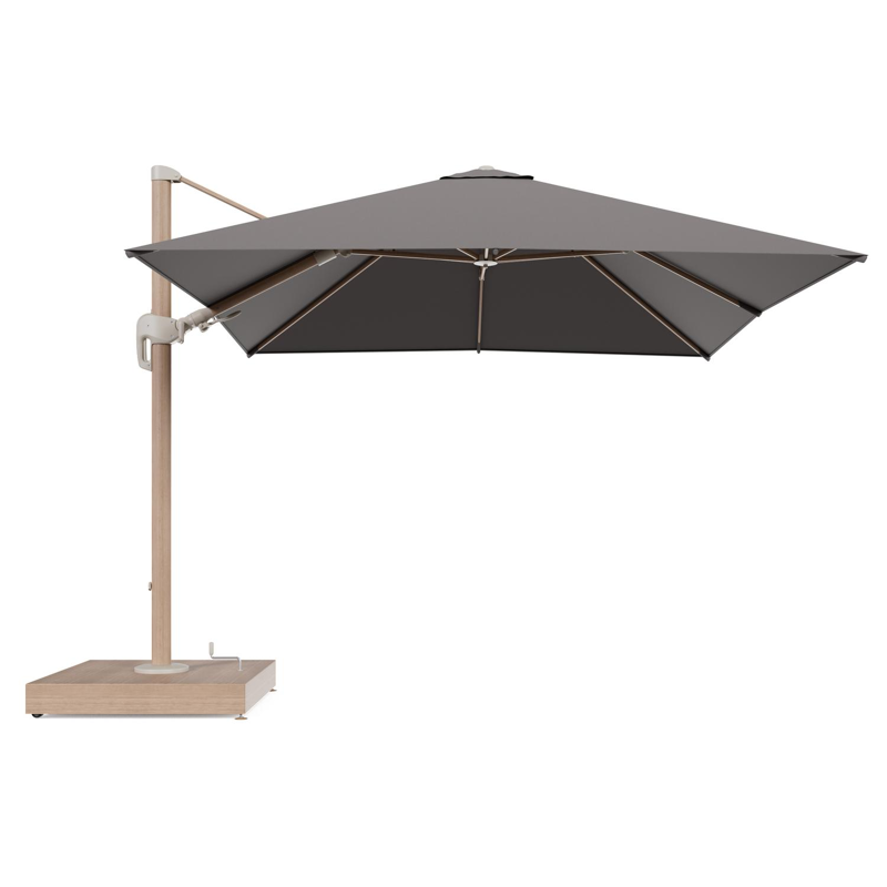 Rufina zweefparasol met tiltfunctie in houtlook aluminium en Natte Nature Grey All Weather Sunbrella® Luxe parasoldoek - L1 300 x L2 300 cm met parasolvoet Minore 260 kg met wielen