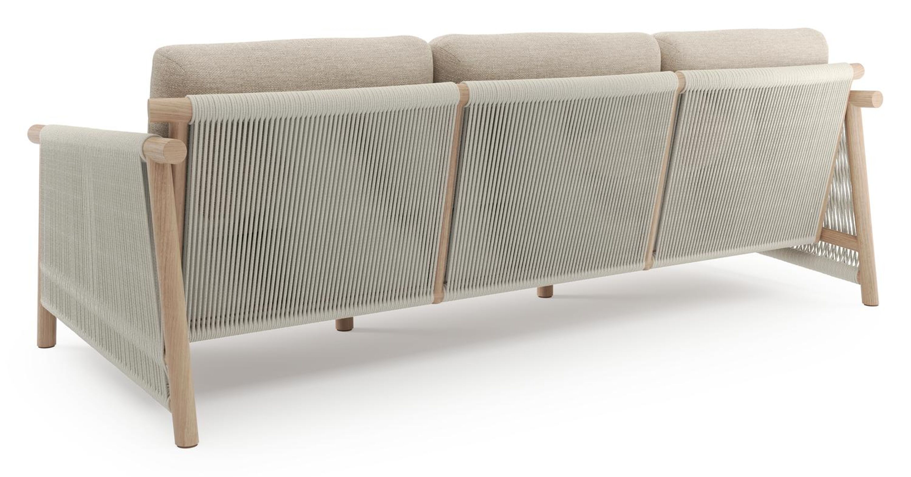 Salon de jardin Erla en aspect de bois naturel et corde ronde tissée verticalement beige et coussins en weather+ softtouch rustic