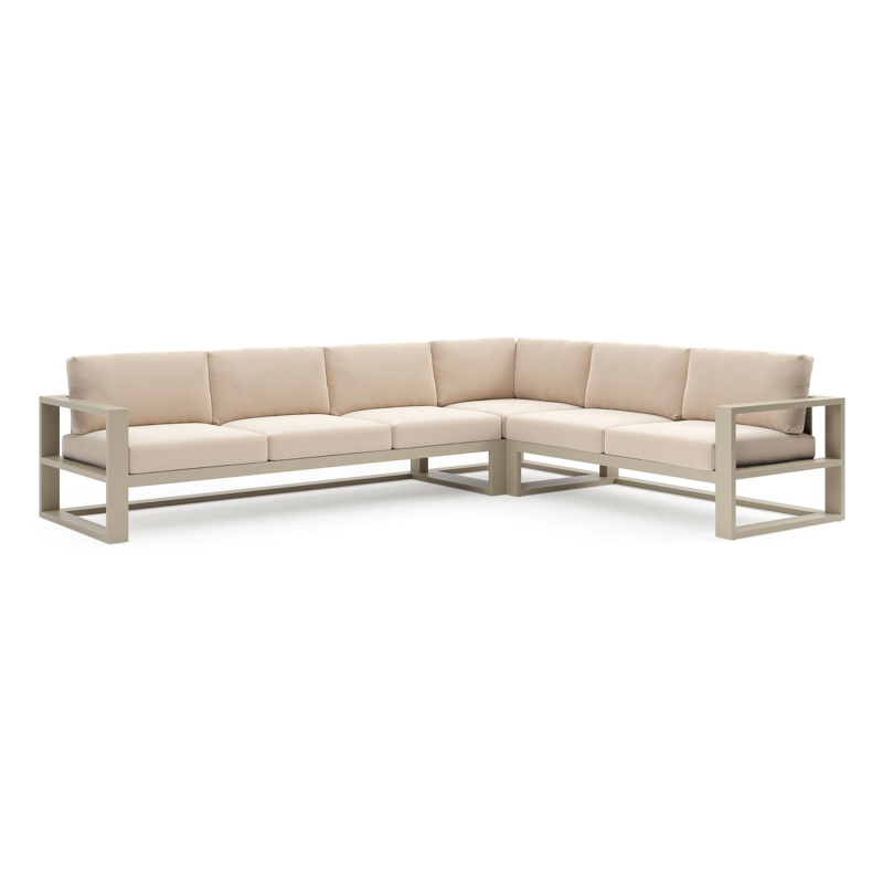 Salon de jardin d'angle Verato en aluminium beige et coussins en all weather sunbrella® luxe natte linen chalk