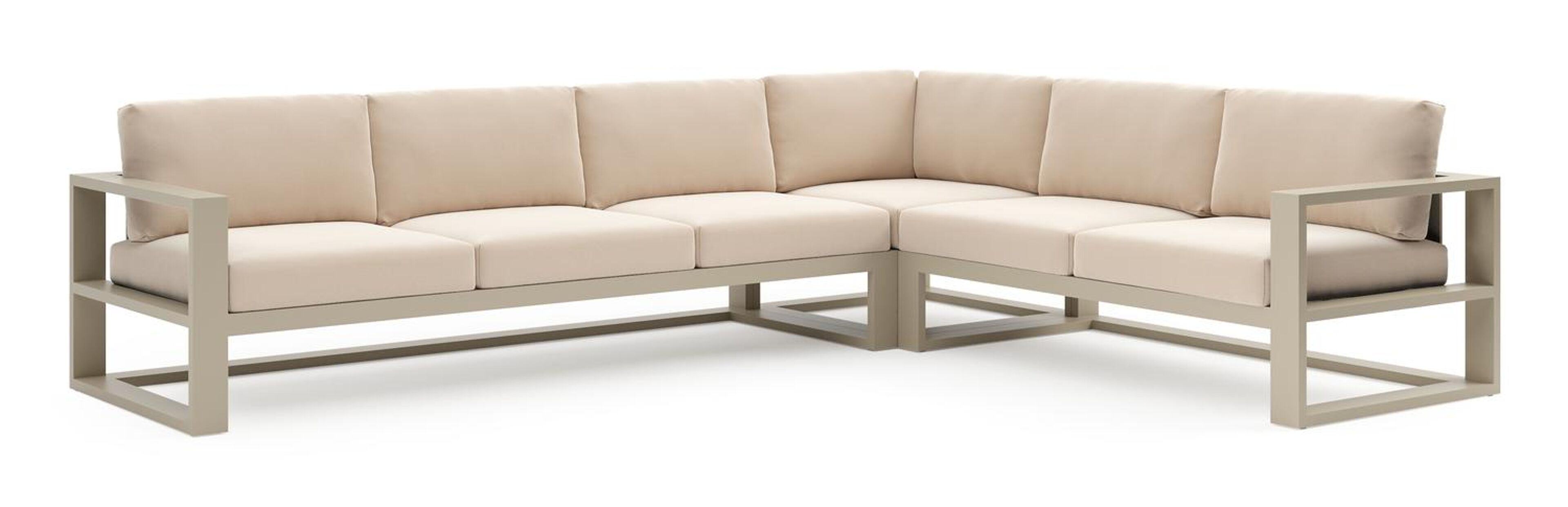 Salon de jardin d'angle Verato en aluminium beige et coussins en all weather sunbrella® luxe natte linen chalk