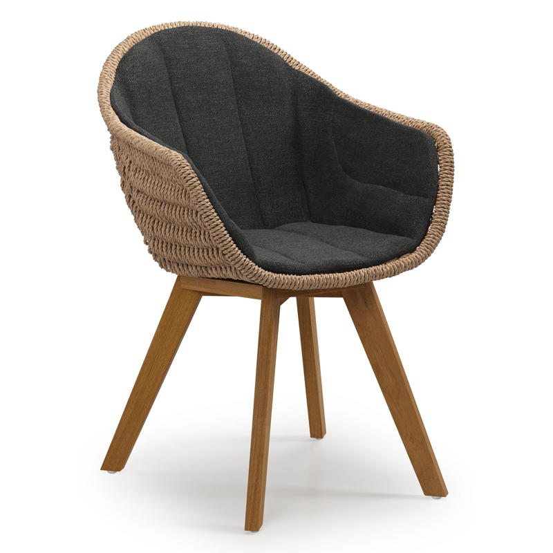 Pagino tuinstoel in teak en naturel ronde wicker met zitkussen in All Weather Sunbrella® Luxe Chartres Sooty