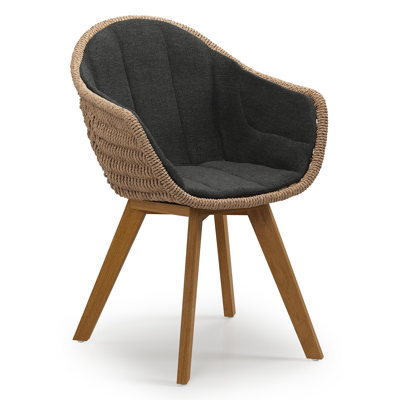 Pagino tuinstoel in teak en naturel ronde wicker met zitkussen in All Weather Sunbrella® Luxe Chartres Sooty