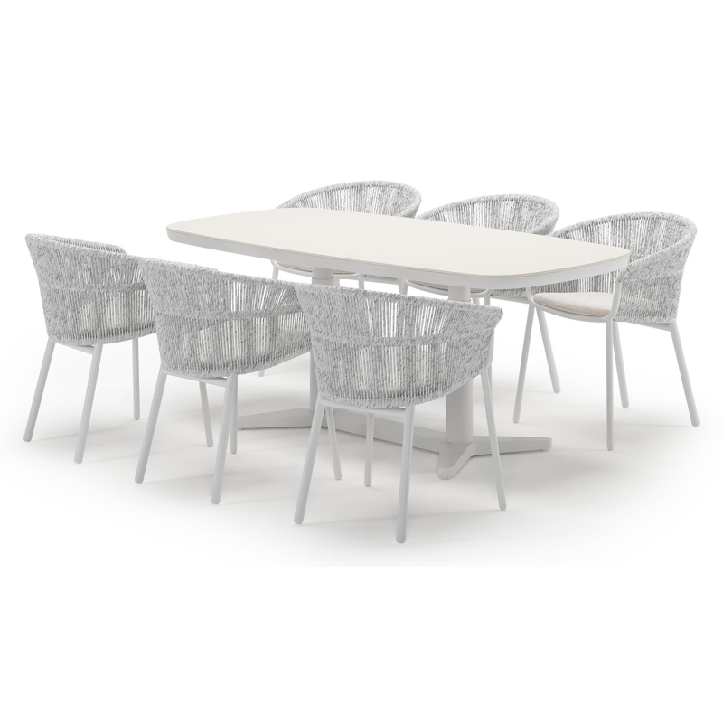 Tarsia tuinset bootvorm in wit aluminium en sintered stone Crema minerale met 6 Matera tuinstoelen