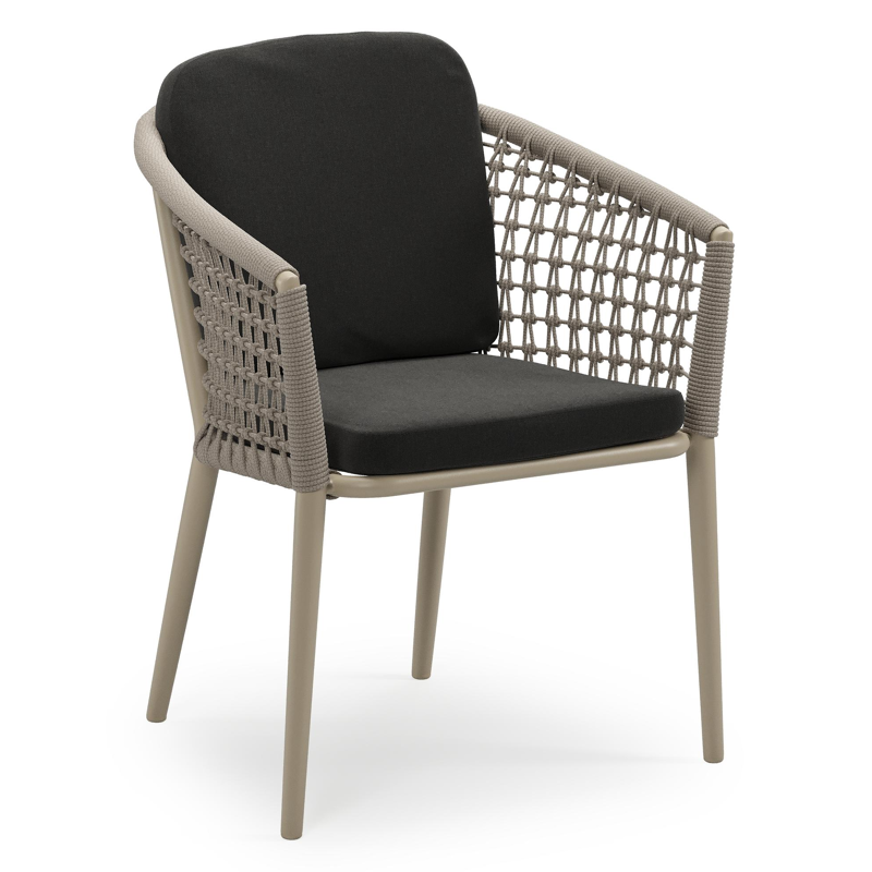 Chaise de jardin empilable Orso en aluminium beige et corde ronde tissée résille beige avec coussin en All Weather Sunbrella® Luxe Natte Sooty