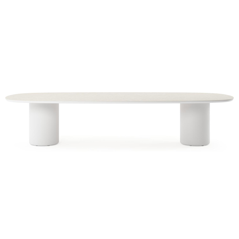 Amico low dining tuintafel bombo in wit aluminium en volkeramiek Shilin - L 320 x B 130 x H 61 cm