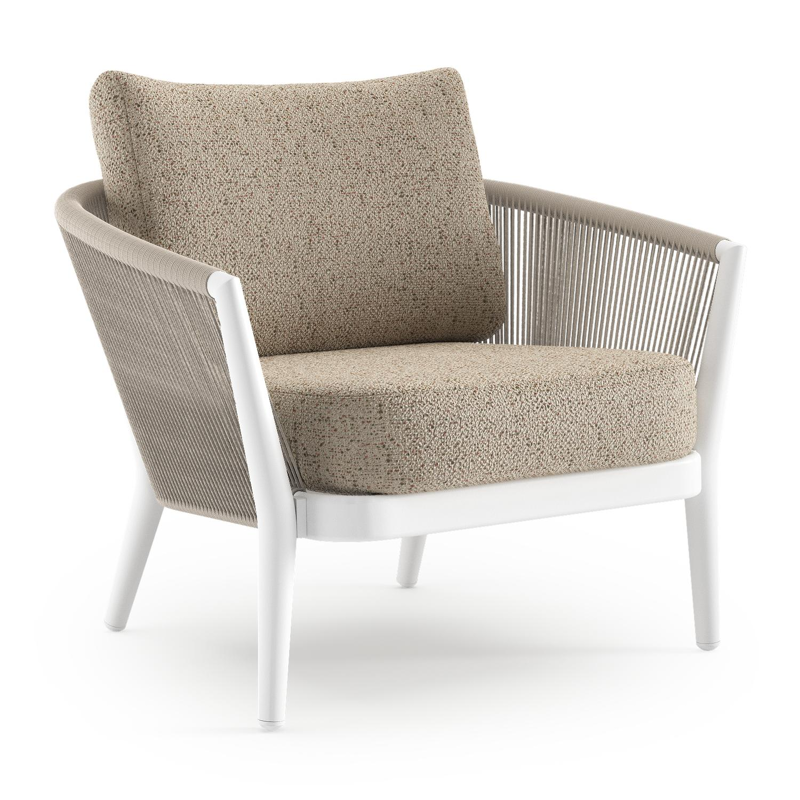 Fauteuil de jardin Orso en aluminium blanc en corde ronde tissée verticalement beige et coussins en all weather cosytica Bora Jungle