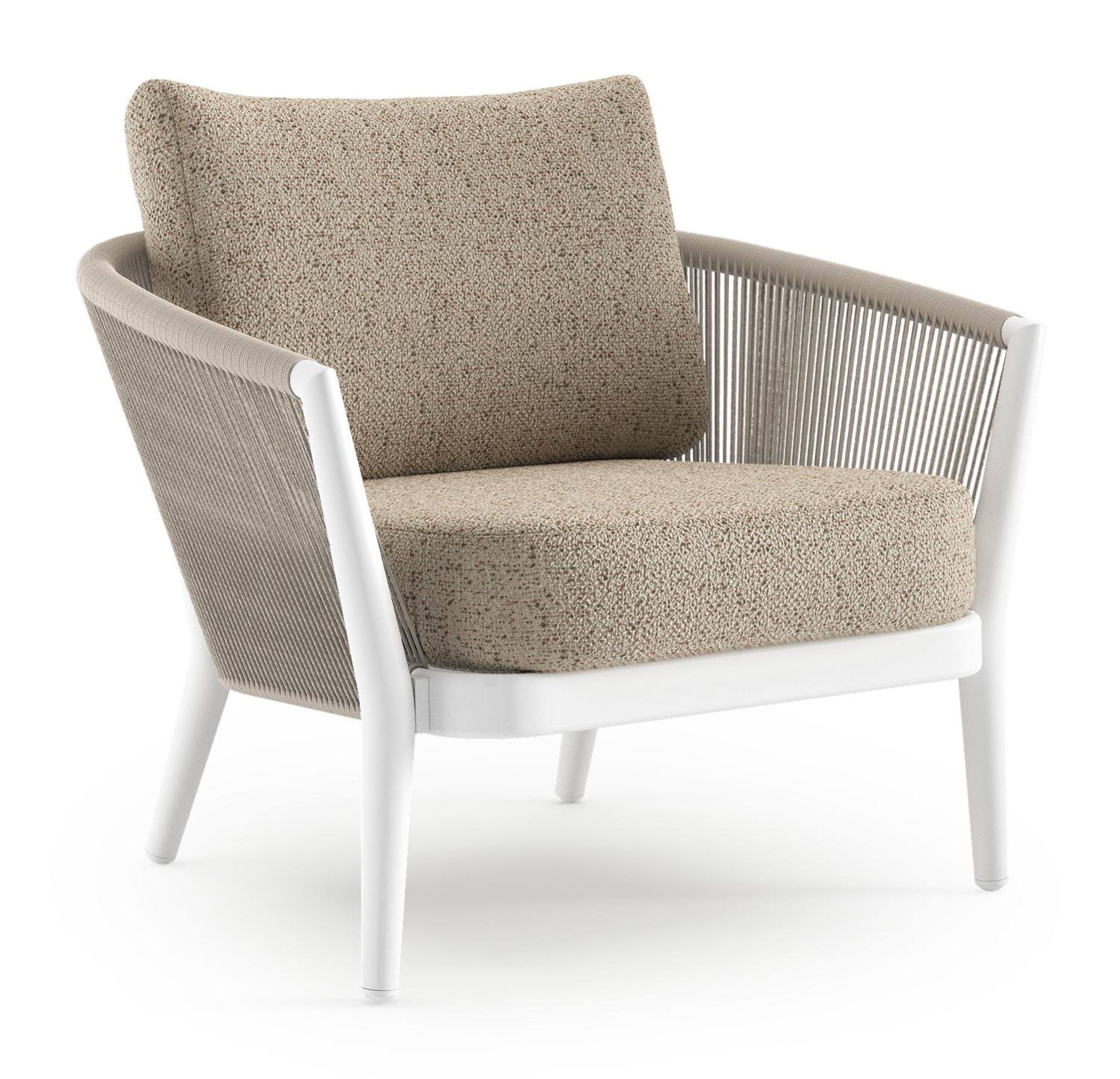 Fauteuil de jardin Orso en aluminium blanc en corde ronde tissée verticalement beige et coussins en all weather cosytica Bora Jungle