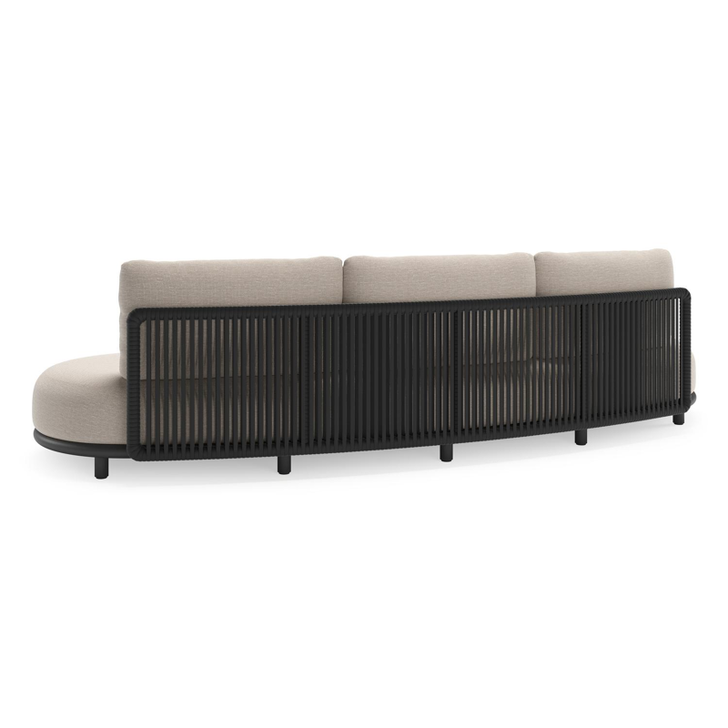 Canapé de jardin Lomano en aluminium noir et corde luxe plate tissée verticalement noir et coussins en all weather sunbrella® luxe slow farafra