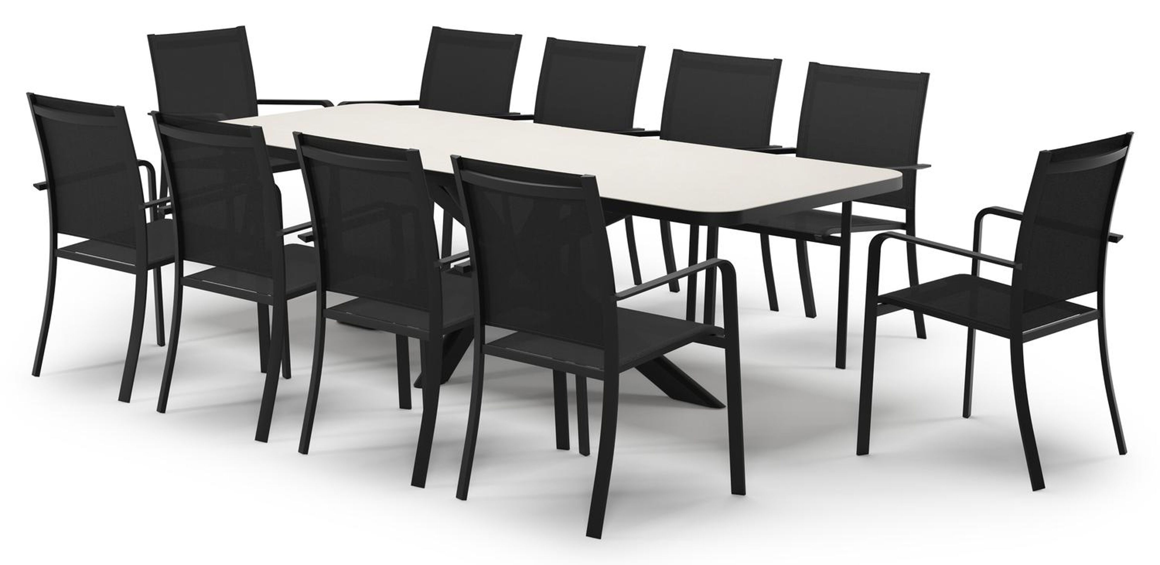 Estella verlengbare tuinset rechthoekig in zwart aluminium en sintered stone Crema minerale met 10 Calobra tuinstoelen
