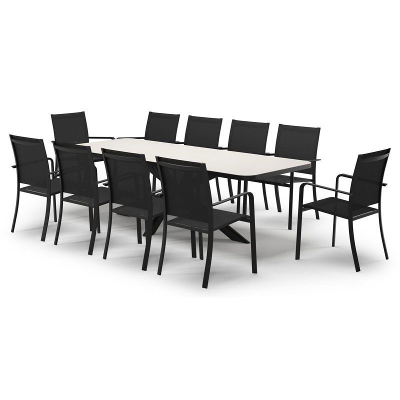 Estella verlengbare tuinset rechthoekig in zwart aluminium en sintered stone Crema minerale met 10 Calobra tuinstoelen