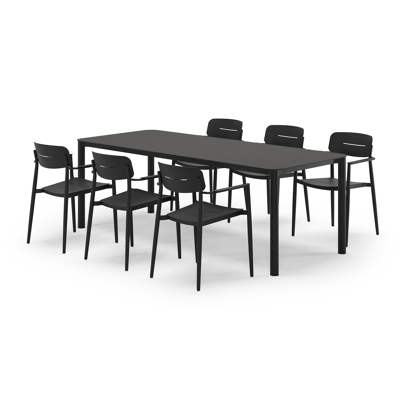 Mira rechthoekige afgeronde tuinset in zwart aluminium en sintered stone notte minerale met 6 Cosa tuinstoelen