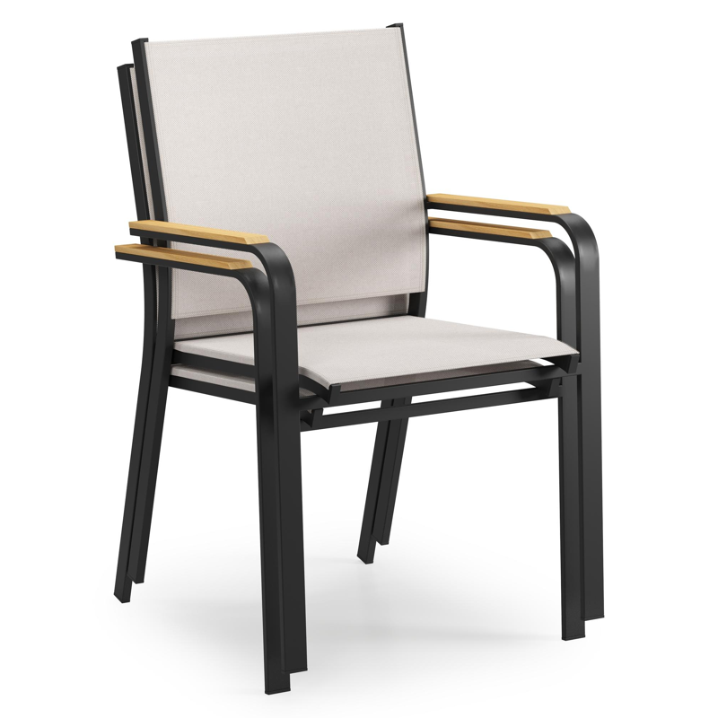 Amalfi tuinstoel in zwart aluminium en beige single textilene met teak armleuning