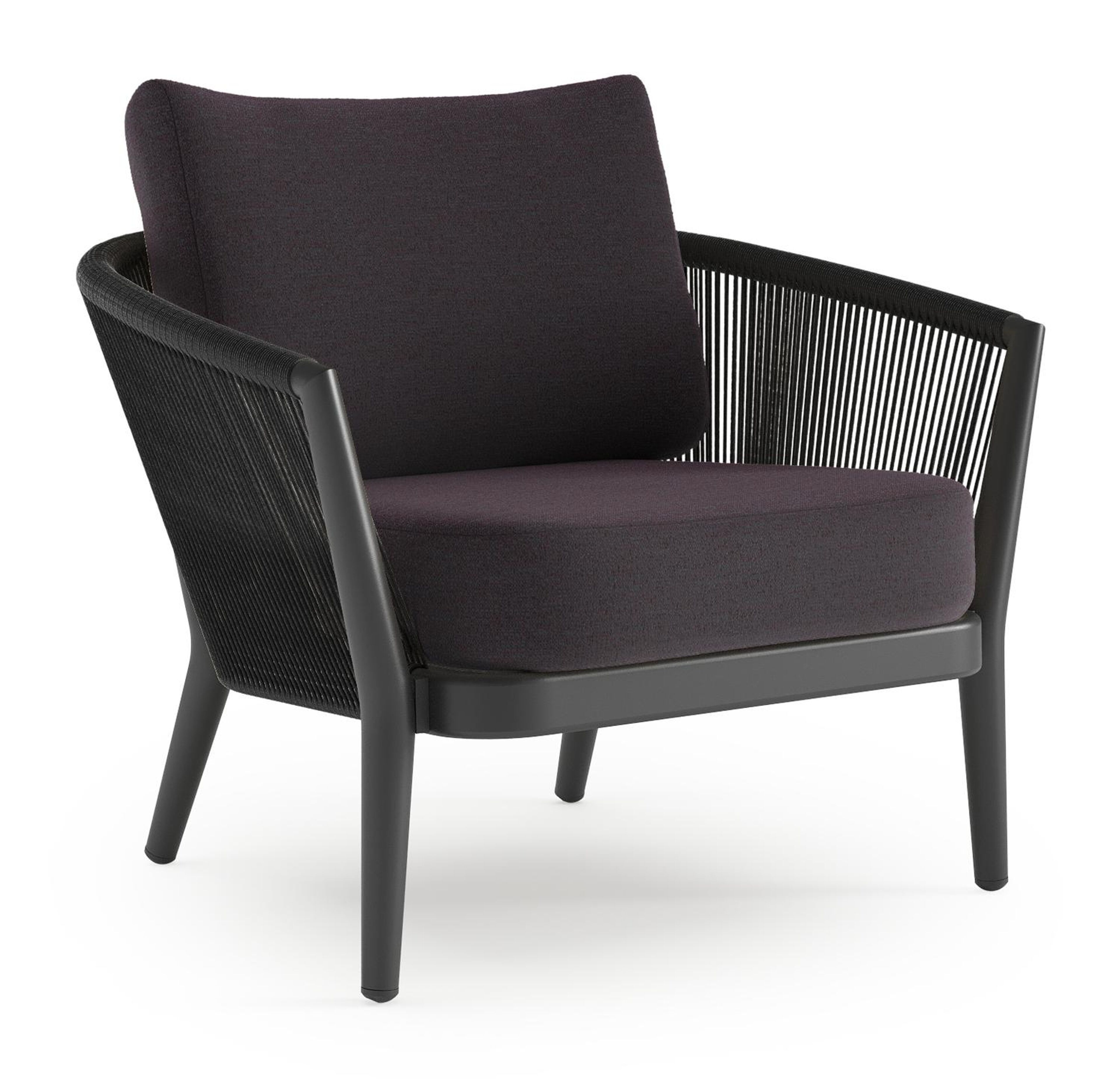 Orso loungestoel in zwart aluminium en zwart verticaal geweven ronde rope met Tundra Red all weather sunbrella® luxe kussen