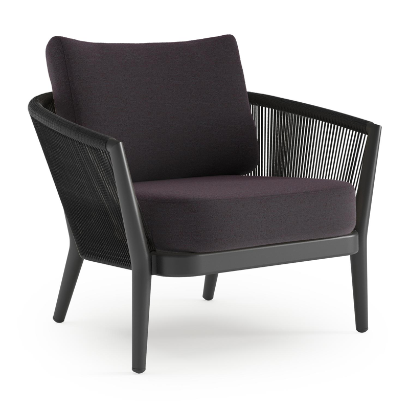 Orso loungestoel in zwart aluminium en zwart verticaal geweven ronde rope met Tundra Red all weather sunbrella® luxe kussen