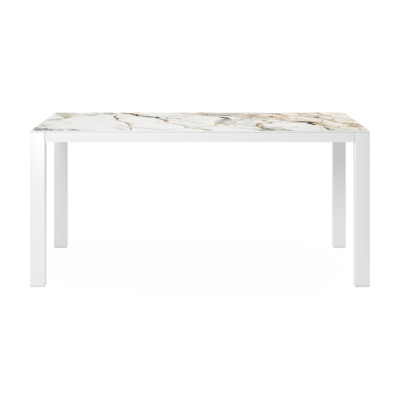 Table de jardin Como en aluminium blanc et céramique pleine calacatta luxe - Lg 160 x Larg. 100 x H 76 cm