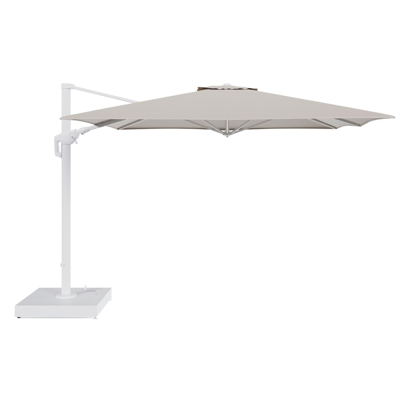 Parasol pendant Minore avec fonction tilt en aluminium blanc et toile de parasol All Weather Sunbrella® Luxe Heritage Ash - Lg.1: 350 x Lg.2: 350 cm avec pied de parasol Minore 260 kg avec roulettes