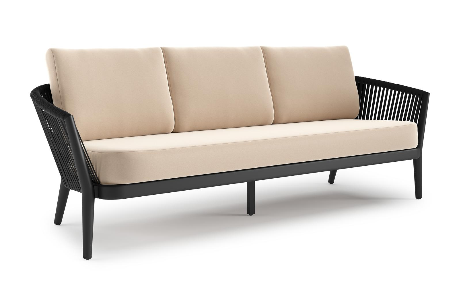 Orso loungebank in zwart aluminium en zwart verticaal geweven ronde rope met Natte Linen Chalk all weather sunbrella® luxe kussen