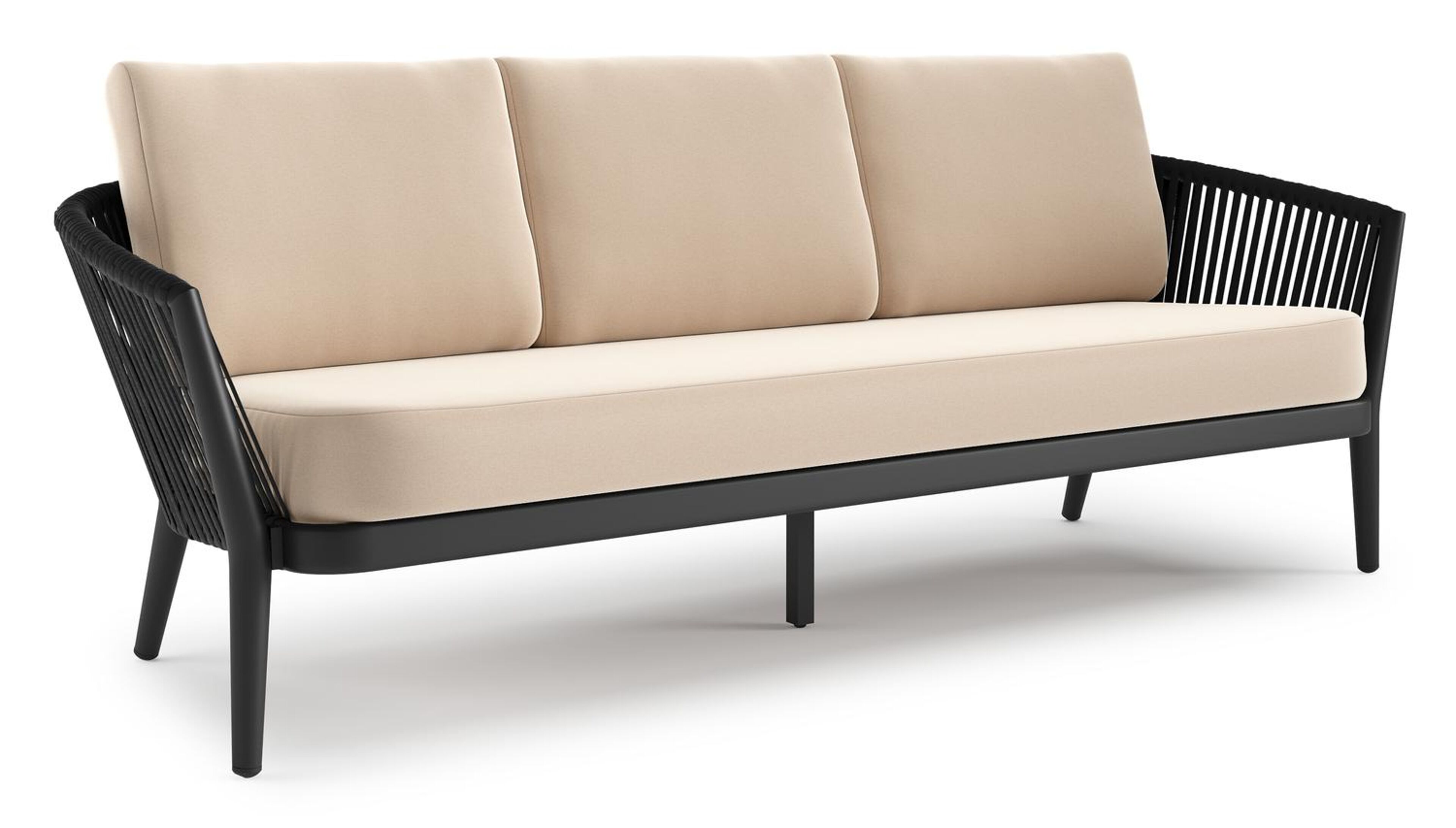 Canapé de jardin Orso en aluminium noir en corde luxe plate tissée verticalement noir et coussins en all weather sunbrella® luxe Natte Linen Chalk