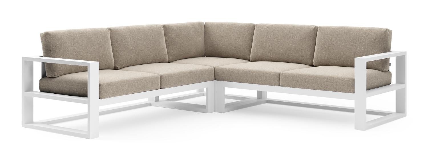 Verato loungehoek in wit aluminium met chartres pewter all weather sunbrella® luxe kussen