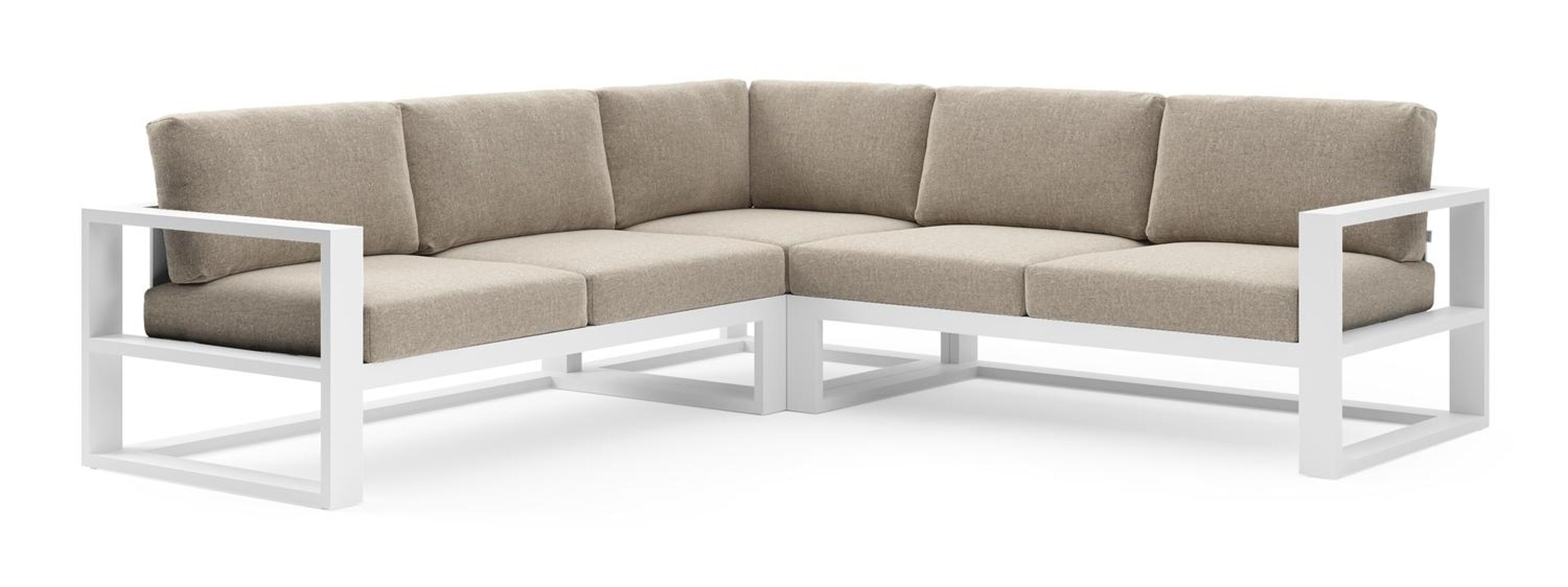 Salon de jardin d'angle Verato en aluminium blanc et coussins en all weather sunbrella® luxe chartres pewter