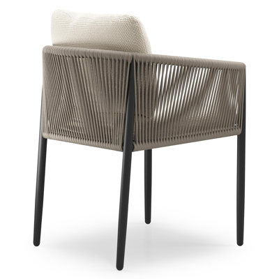 Organo tuinstoel in zwart aluminium en zwart verticaal geweven luxe vlakke rope met stoelkussen in All Weather Cosytica Althea Off White