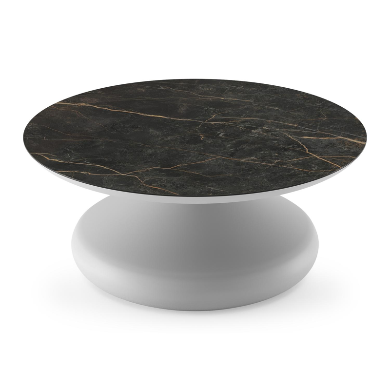 Bomero loungetafel rond in wit aluminium en volkeramiek Black Obsession - Dia. 84 x H 32.2 cm