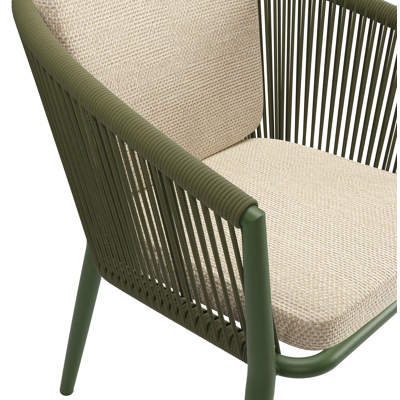 Orso tuinstoel in groen aluminium en groen verticaal geweven ronde rope met zitkussen in All Weather Cosytica Althea Camel
