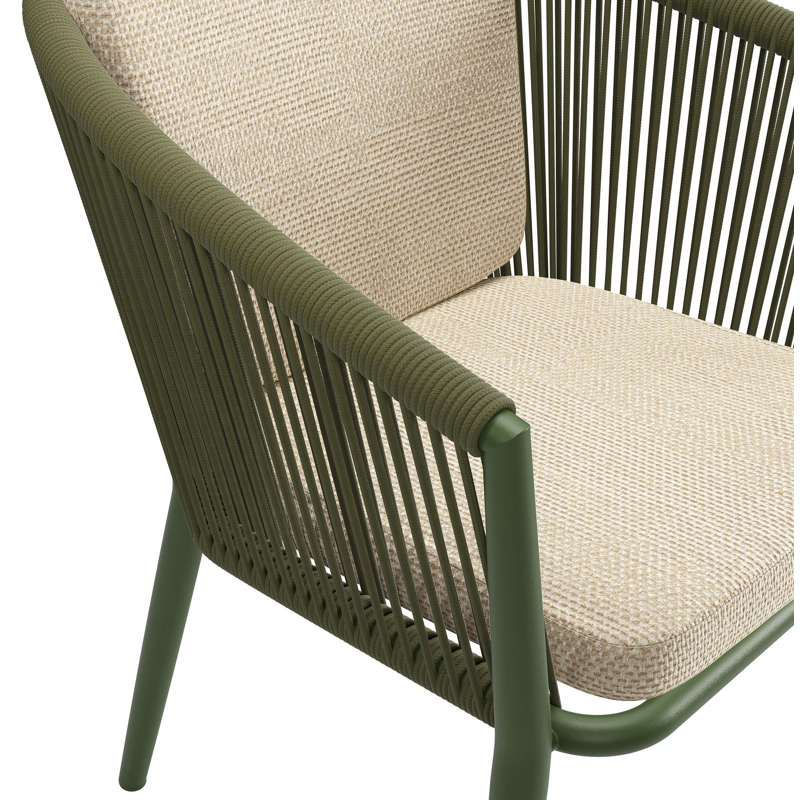 Orso tuinstoel in groen aluminium en groen verticaal geweven ronde rope met zitkussen in All Weather Cosytica Althea Camel
