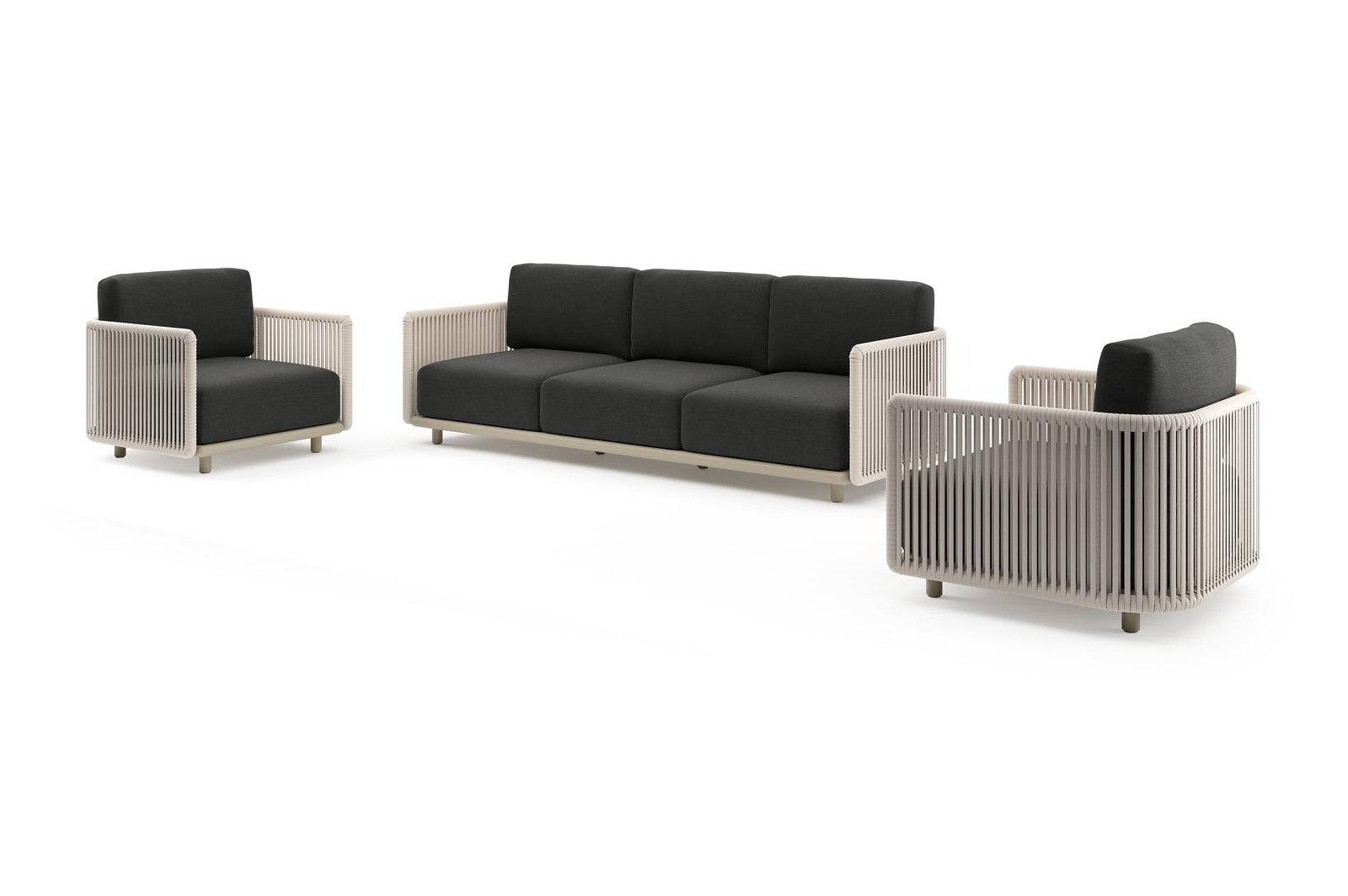 Organo loungeset in beige aluminium en beige verticaal geweven luxe vlakke rope met chartres sooty all weather sunbrella® luxe kussens