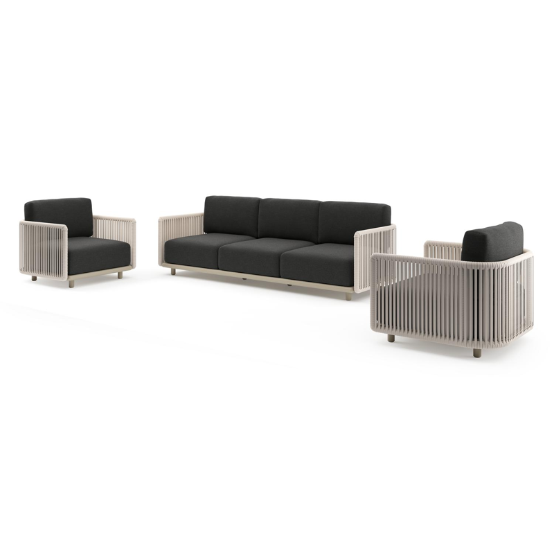 Organo loungeset in beige aluminium en beige verticaal geweven luxe vlakke rope met chartres sooty all weather sunbrella® luxe kussens