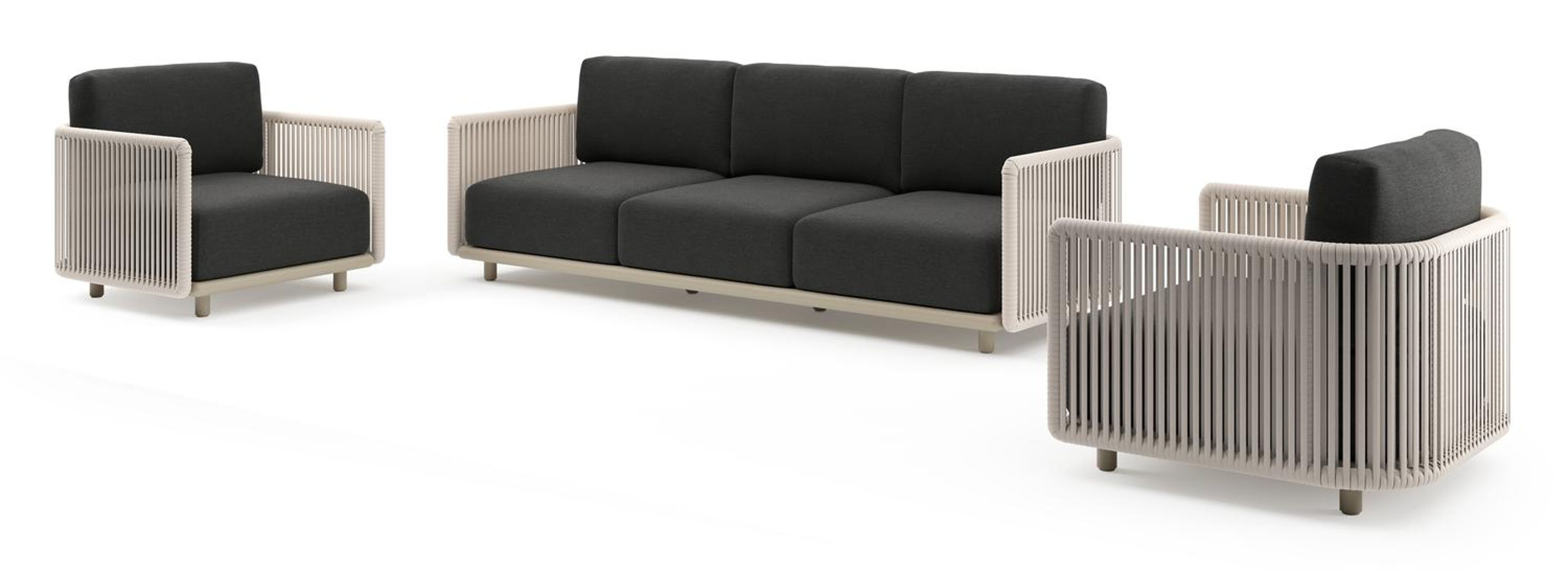 Organo loungeset in beige aluminium en beige verticaal geweven luxe vlakke rope met chartres sooty all weather sunbrella® luxe kussens