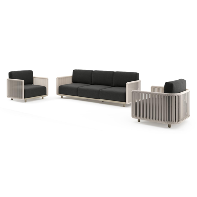 Organo loungeset in beige aluminium en beige verticaal geweven luxe vlakke rope met chartres sooty all weather sunbrella® luxe kussens