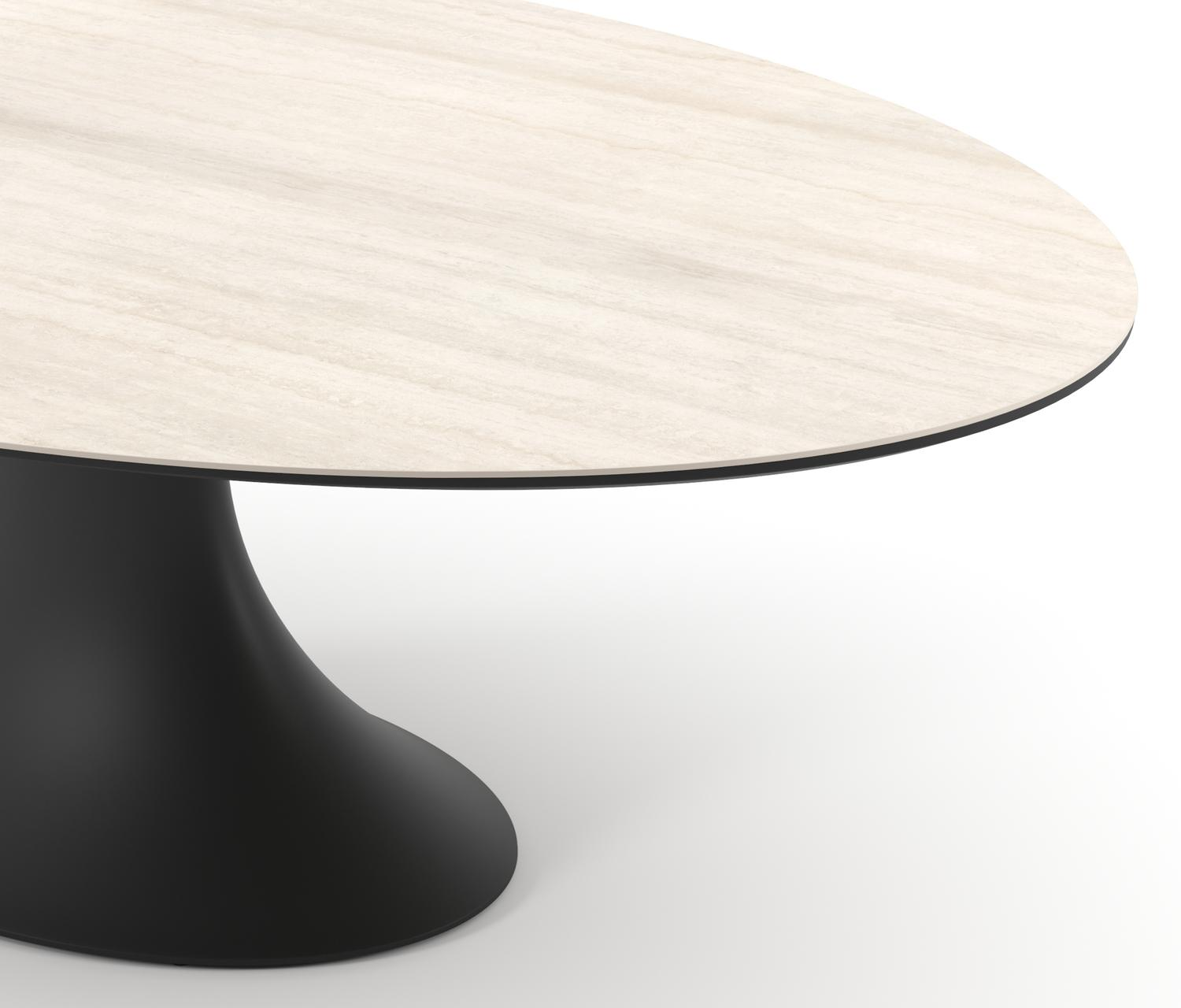 Table de jardin Fano ovale en aluminium noir et céramique pleine Travertino Bianco - Lg. 238 x Lrg. 135 x Haut. 75 cm