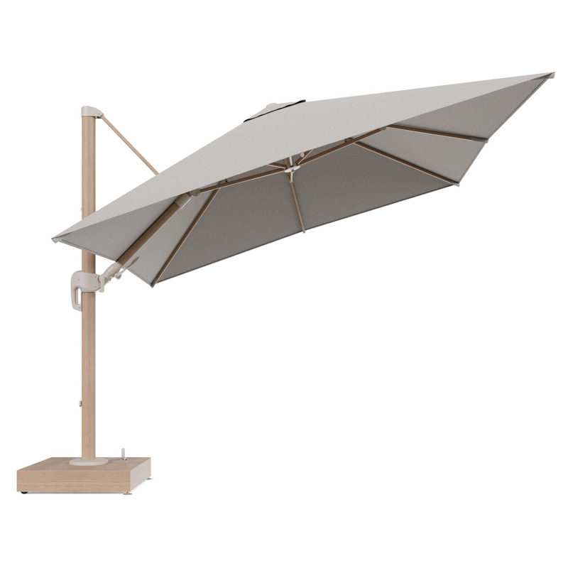 Rufina zweefparasol met tiltfunctie in houtlook aluminium en Firenze Sand All Weather Solica parasoldoek - L1 300 x L2 300 cm met parasolvoet Minore 150 kg met wielen