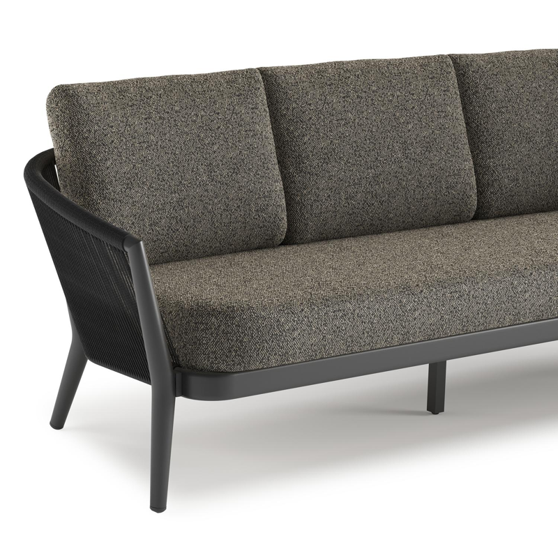 Orso loungeset in zwart aluminium en zwart verticaal geweven ronde rope met Marbella Tunder all weather cosytica kussen